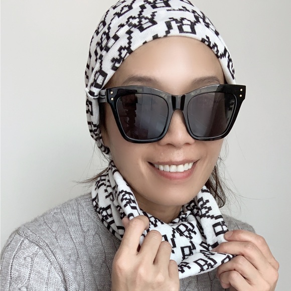 SOFT MONOGRAM KNIT BEANIE AND INFINITY NECK WARMER - WHITE BLACK PRINT 2 PIECE - Picture 2 of 8
